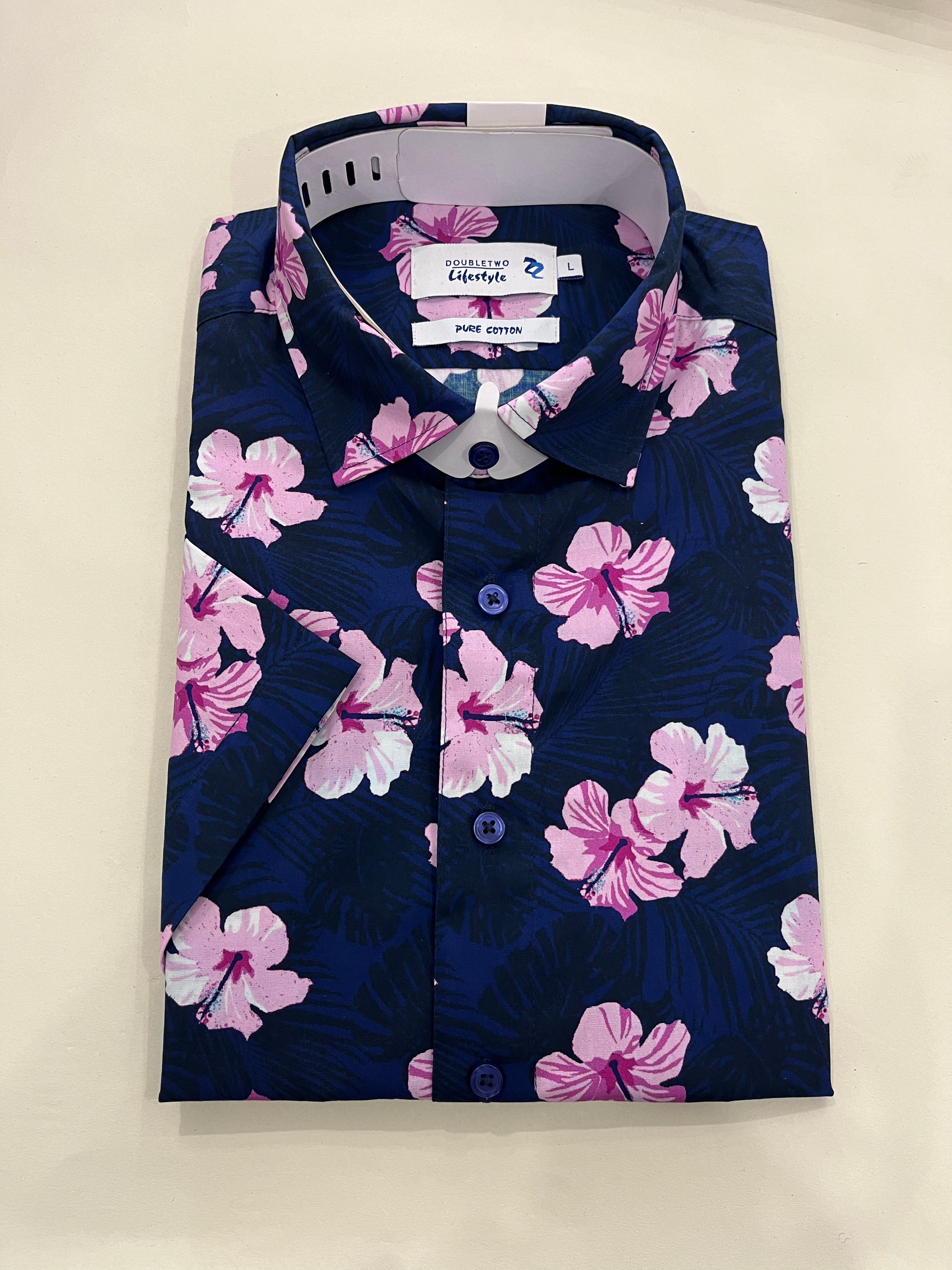 DOUBLE TWO PINK FLOWER NAVY SHORT SLEEVE SHIRT