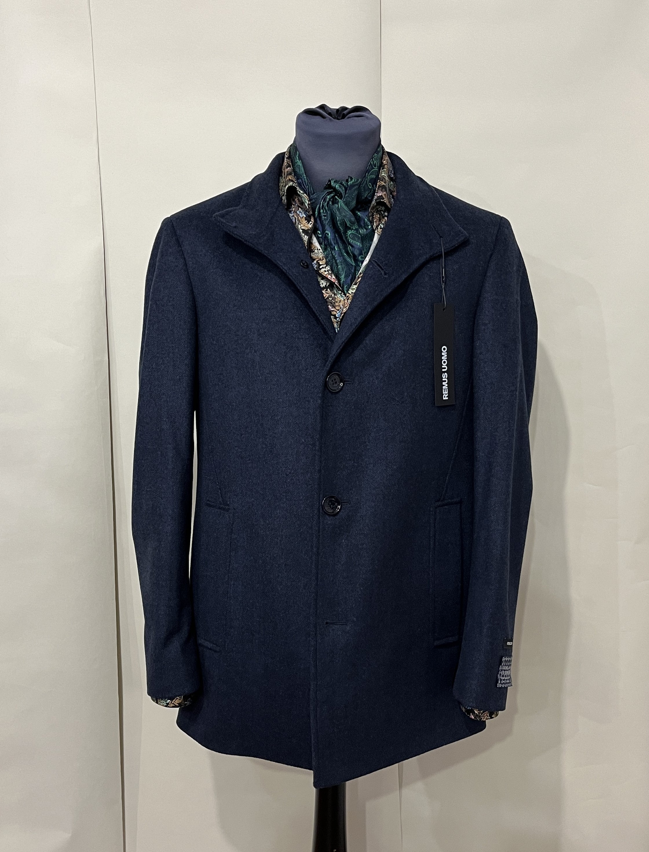 REMUS UOMO NAVY WOOL AND CASHMERE BLEND COAT
