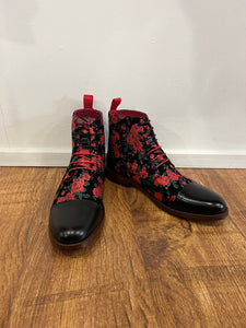 BLACK LEATHER RED FLOWER GEORGE JUSTIN REESS BOOTS