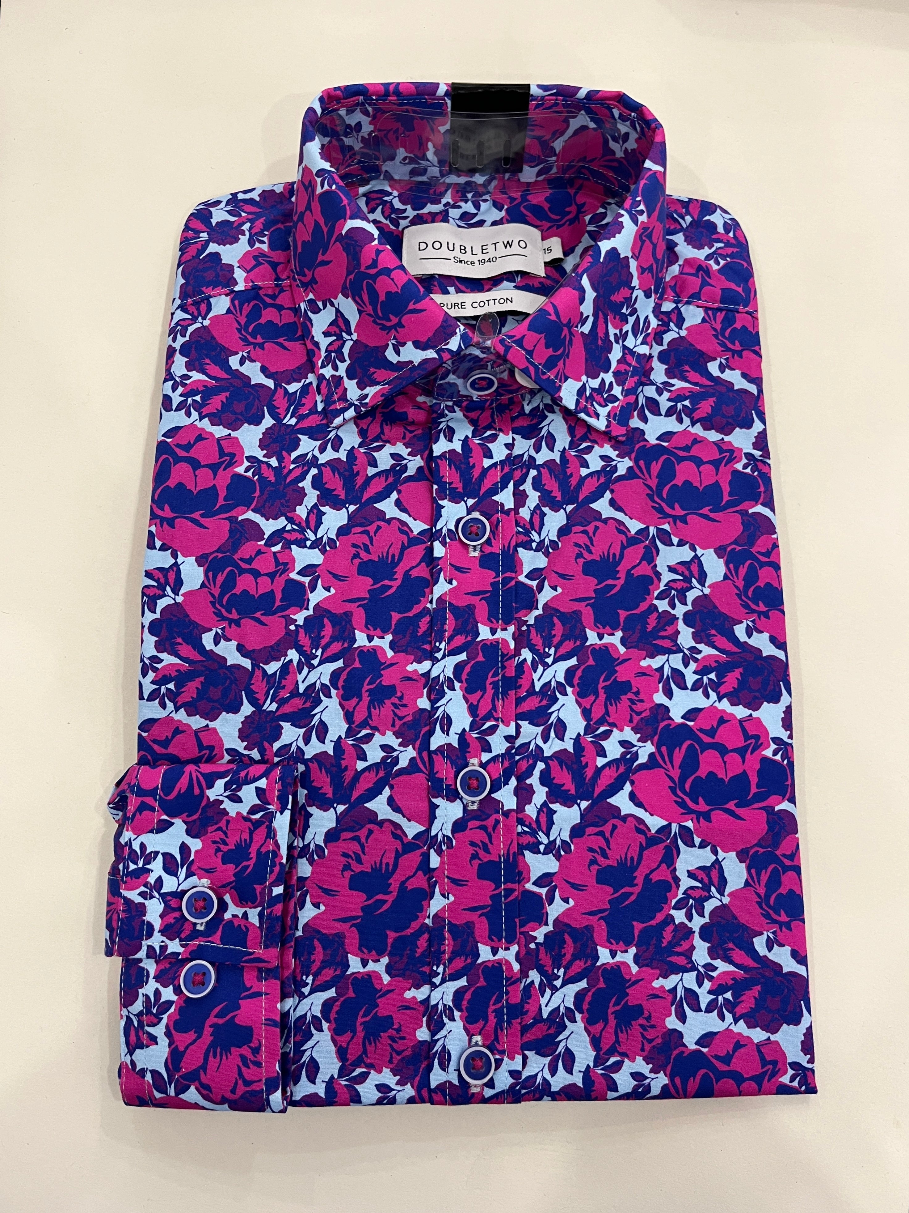DOUBLE TWO MAGENTA, PURPLE AND NAVY BIG FLOWER PRINT LIGHT BLUE SHIRT