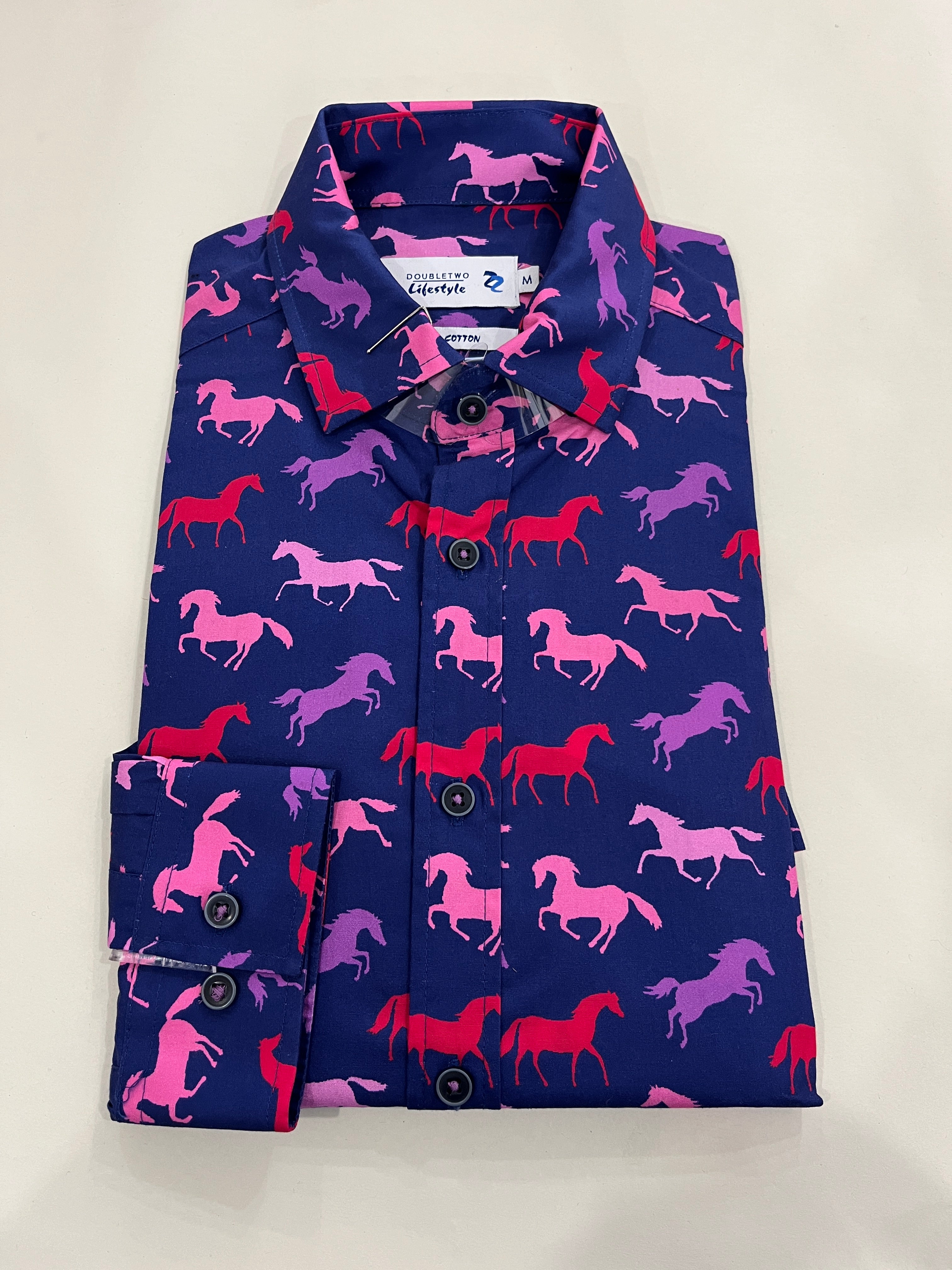 DOUBLE TWO MAGENTA, PURPLE AND PINK HORSE PRINT BLUE SHIRT