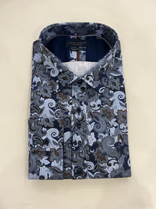 GUIDE LONDON NAVY SHIRT WITH LIGHT BLUE, GREY AND BROWN PAISLEY PRINT