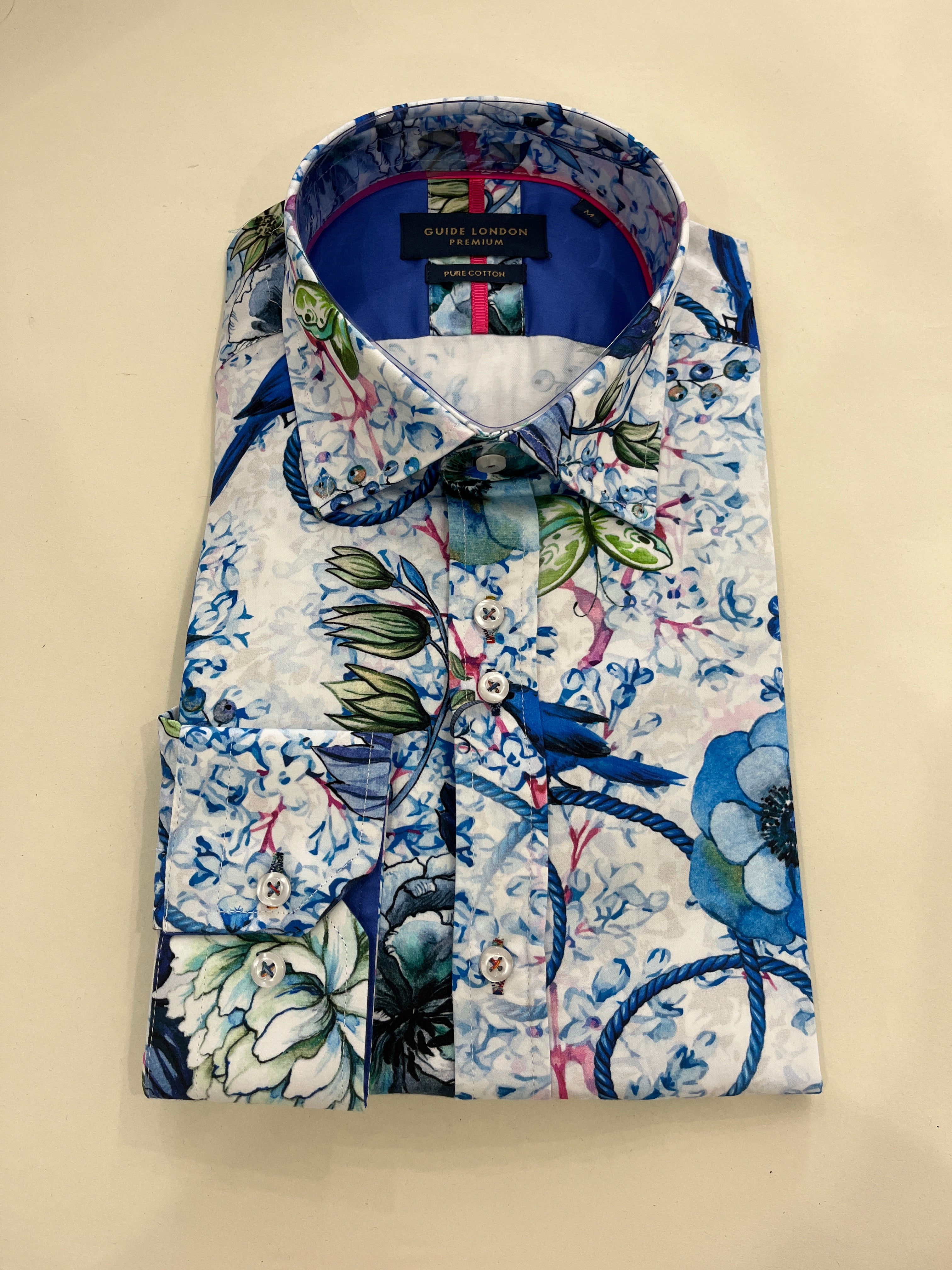 GUIDE LONDON WHITE SHIRT WITH ELECTRIC BLUE BIRD, GREEN BUTTERFLY AND BIG FLOWERS PRINT
