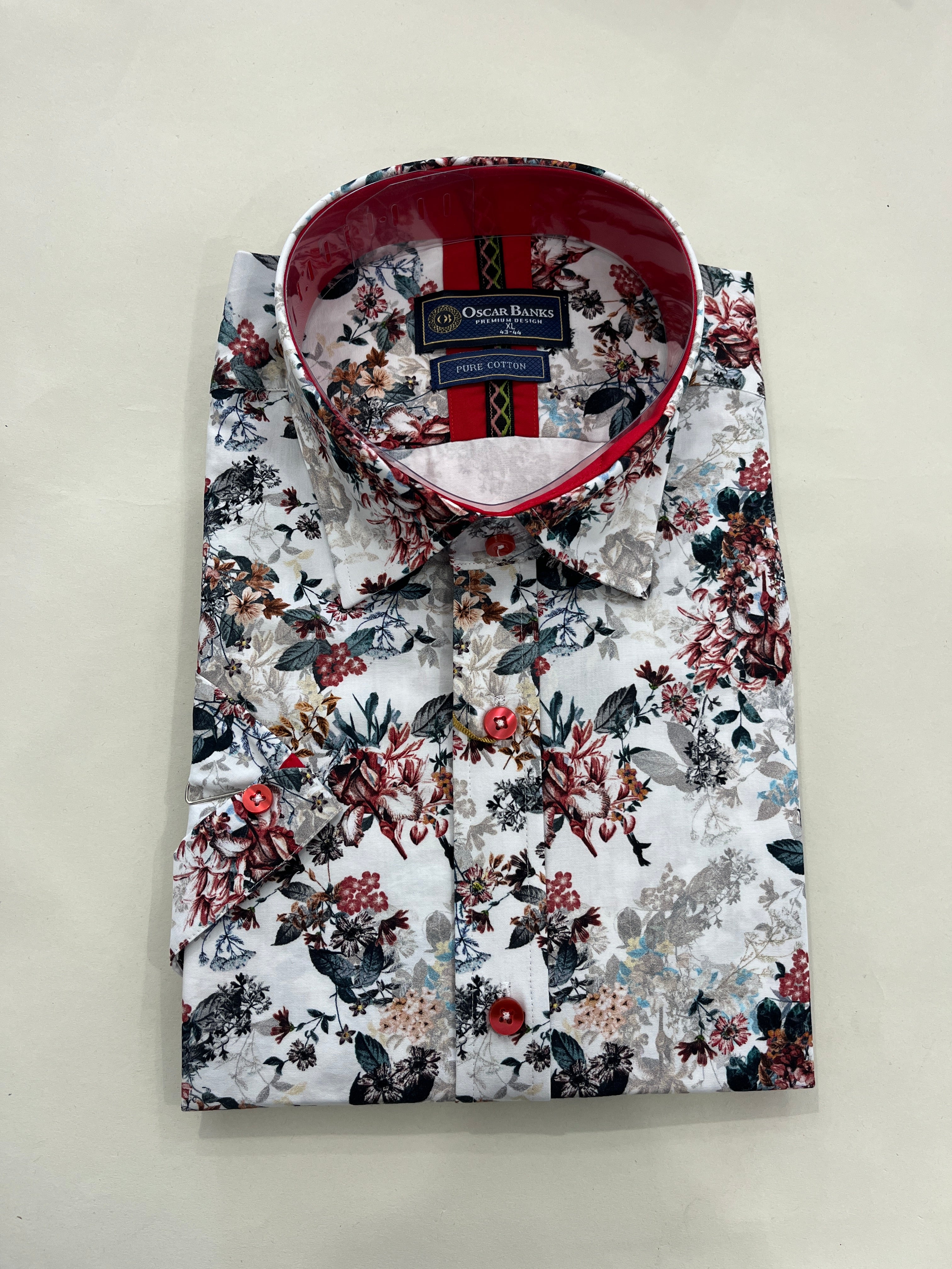 OSCAR BANKS WHITE SHORT SLEEVE SHIRT WITH RED & GREY FLOWER PRINT