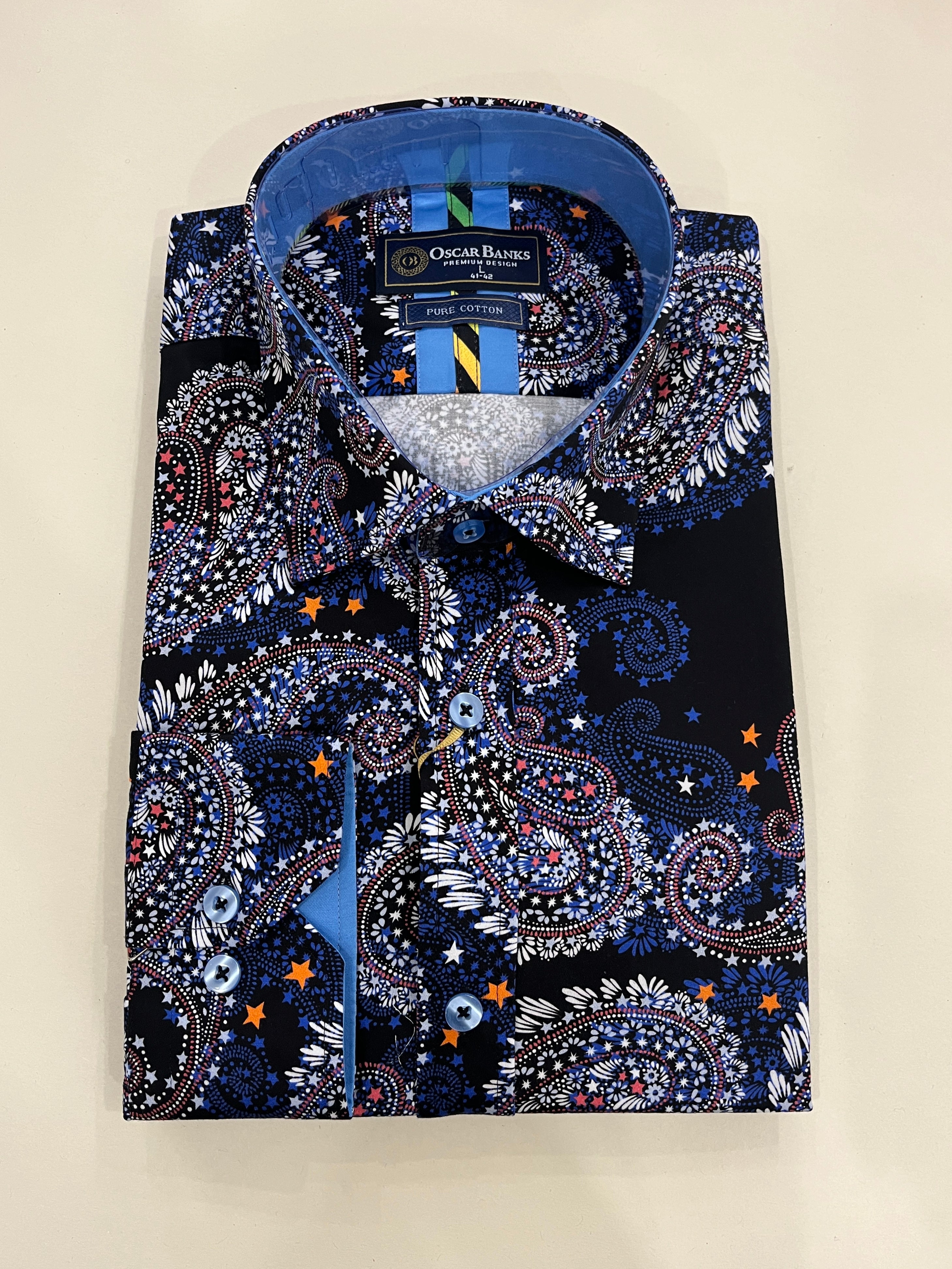 OSCAR BANKS BLUE, WHITE AND RED PAISLEY WITH ORANGE AND WHITE STAR PRINT BLACK SHIRT