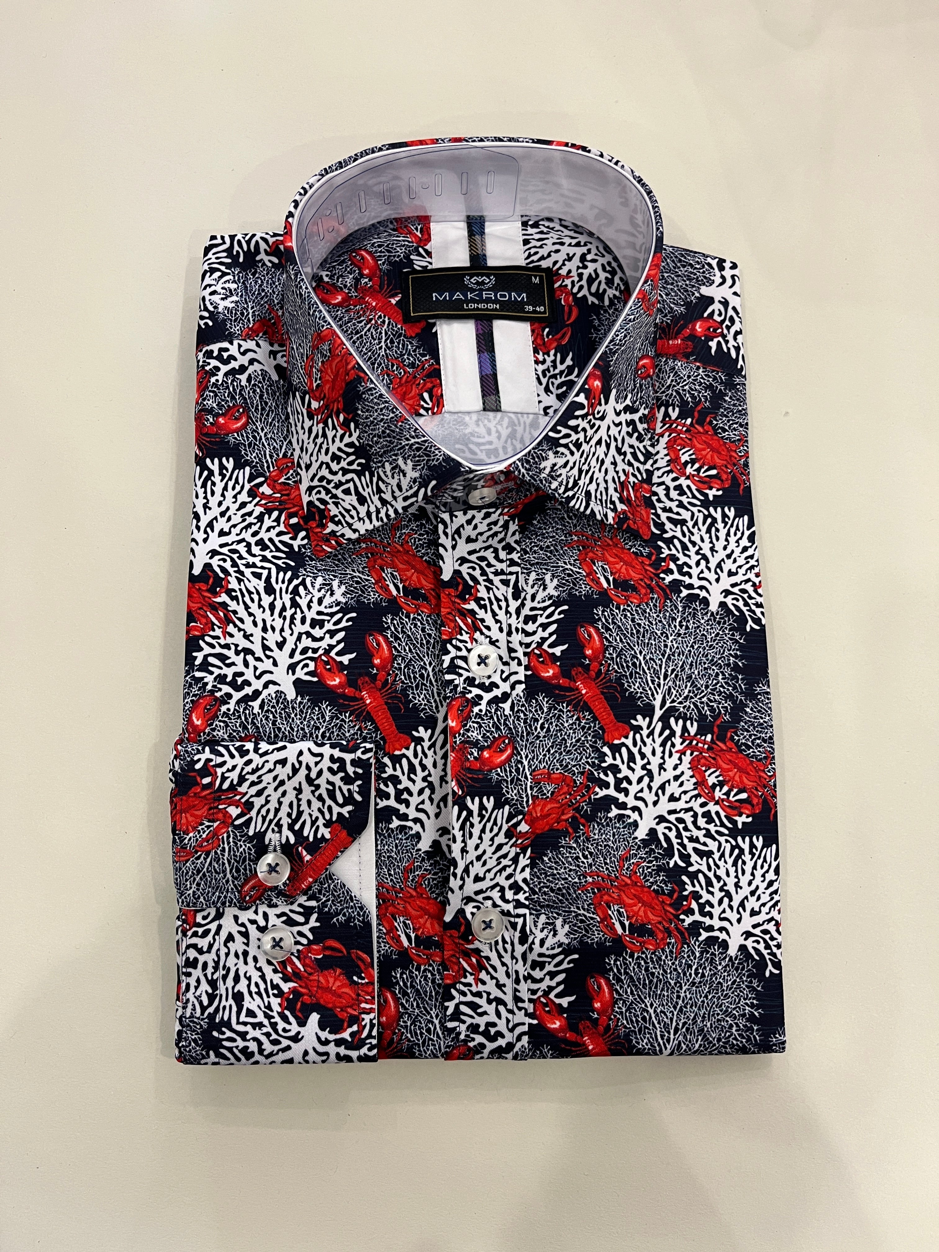 MAKROM WHITE CORAL REEF AND RED LOBSTER AND CRAB PRINT NAVY SHIRT