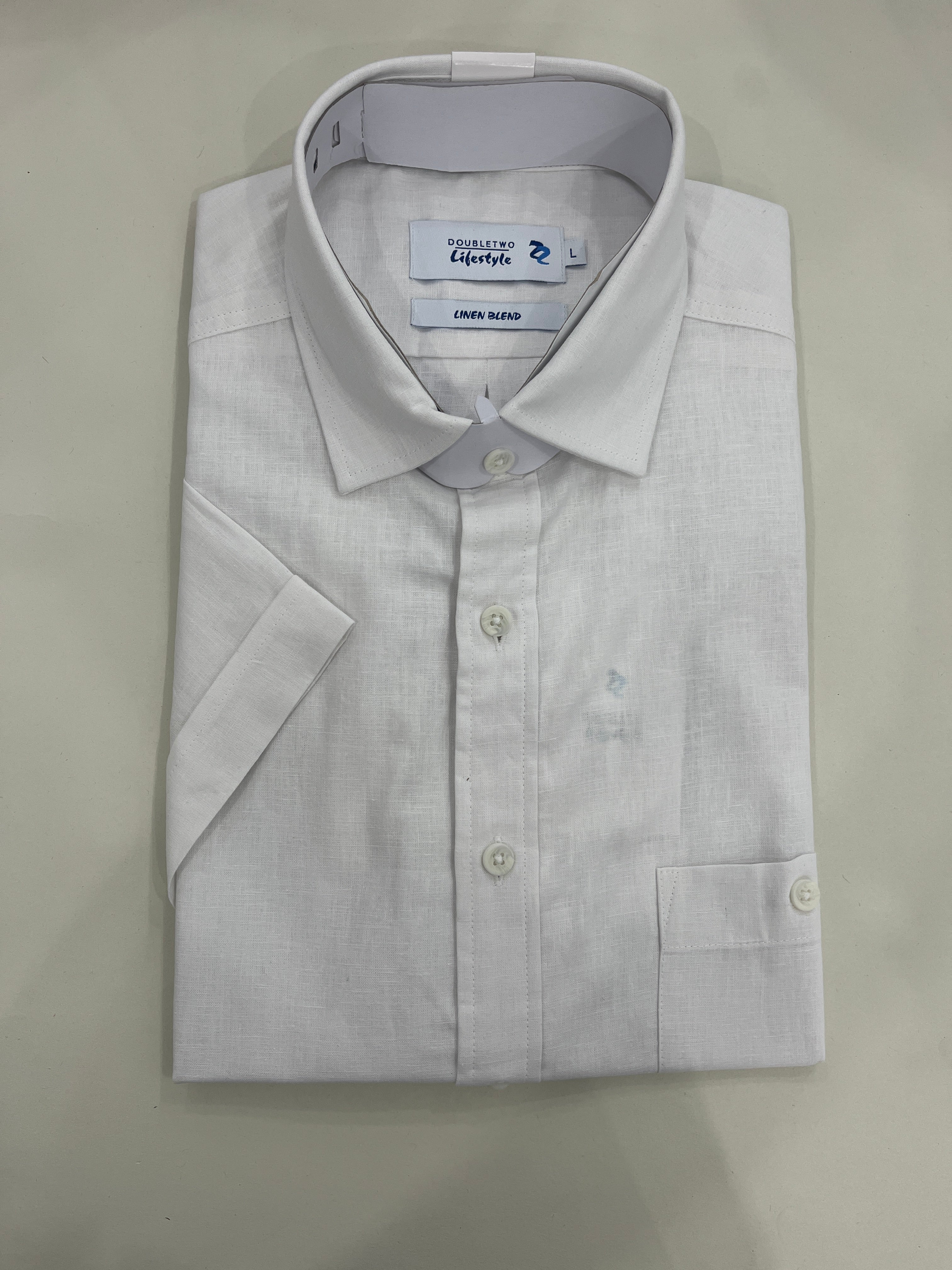 DOUBLE TWO WHITE LINEN BLEND SHORT SLEEVE SHIRT