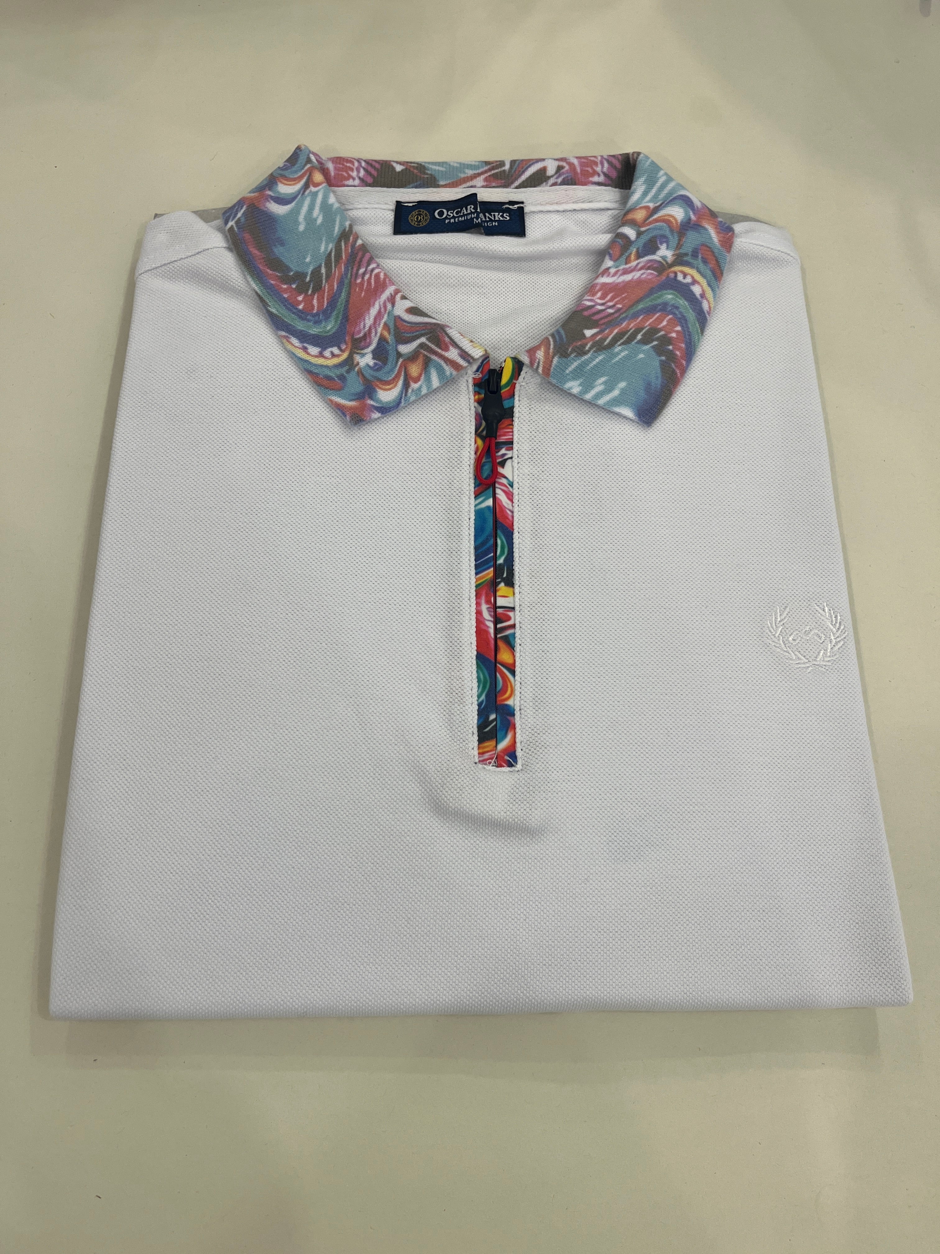 OSCAR BANKS WHITE SHORT SLEEVE PAISLEY COLLAR ZIP POLO