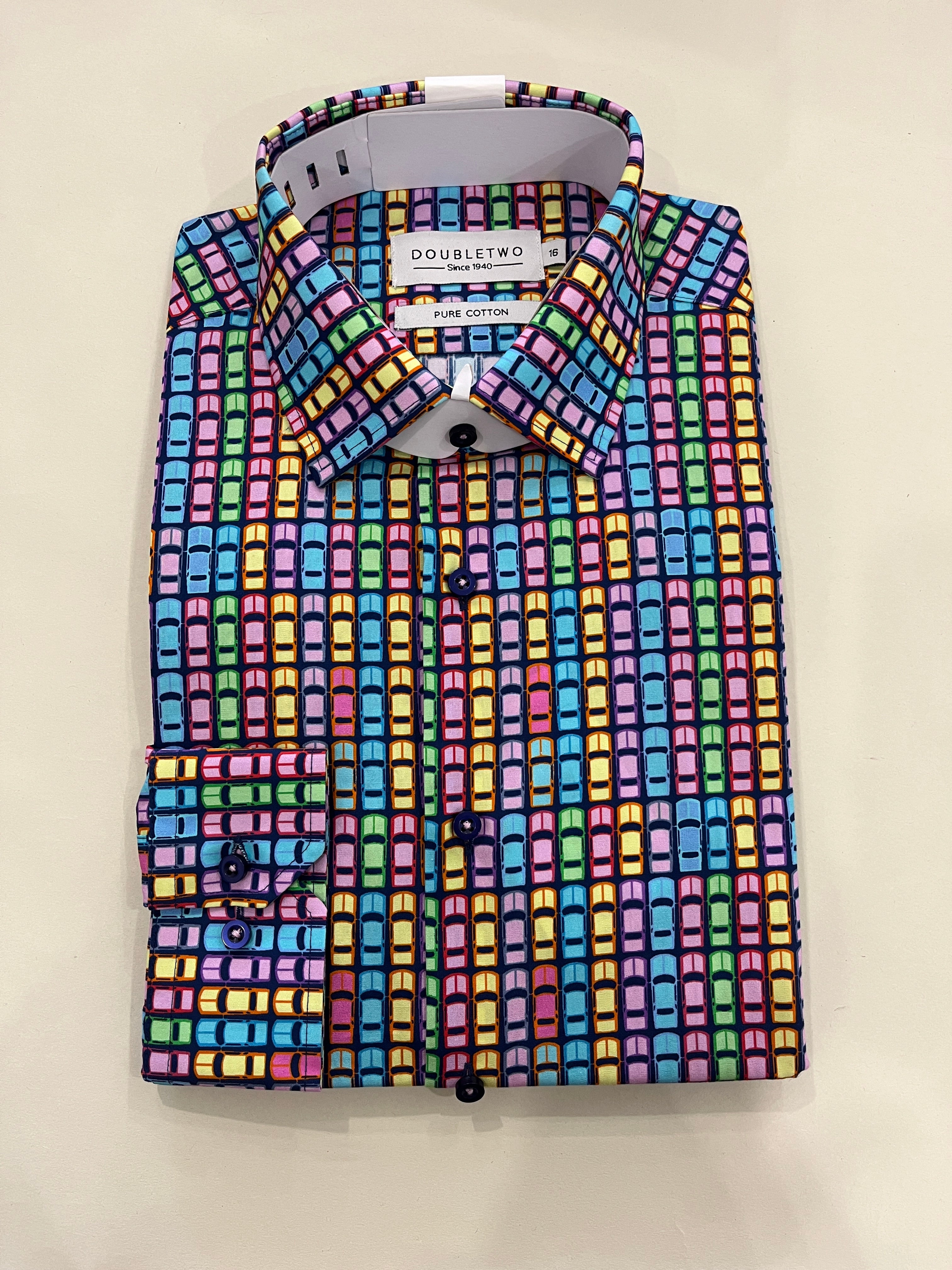 DOUBLE TWO NAVY SHIRT WITH MULTICOLOURED CAR PRINT