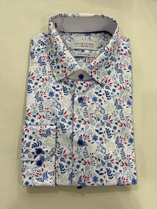DOUBLE TWO WHITE SHIRT WITH RED AND BLUE TINY LEAF PRINT