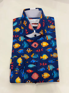 DOUBLE TWO FRENCH NAVY SHIRT WITH BRIGHT FISH PRINT