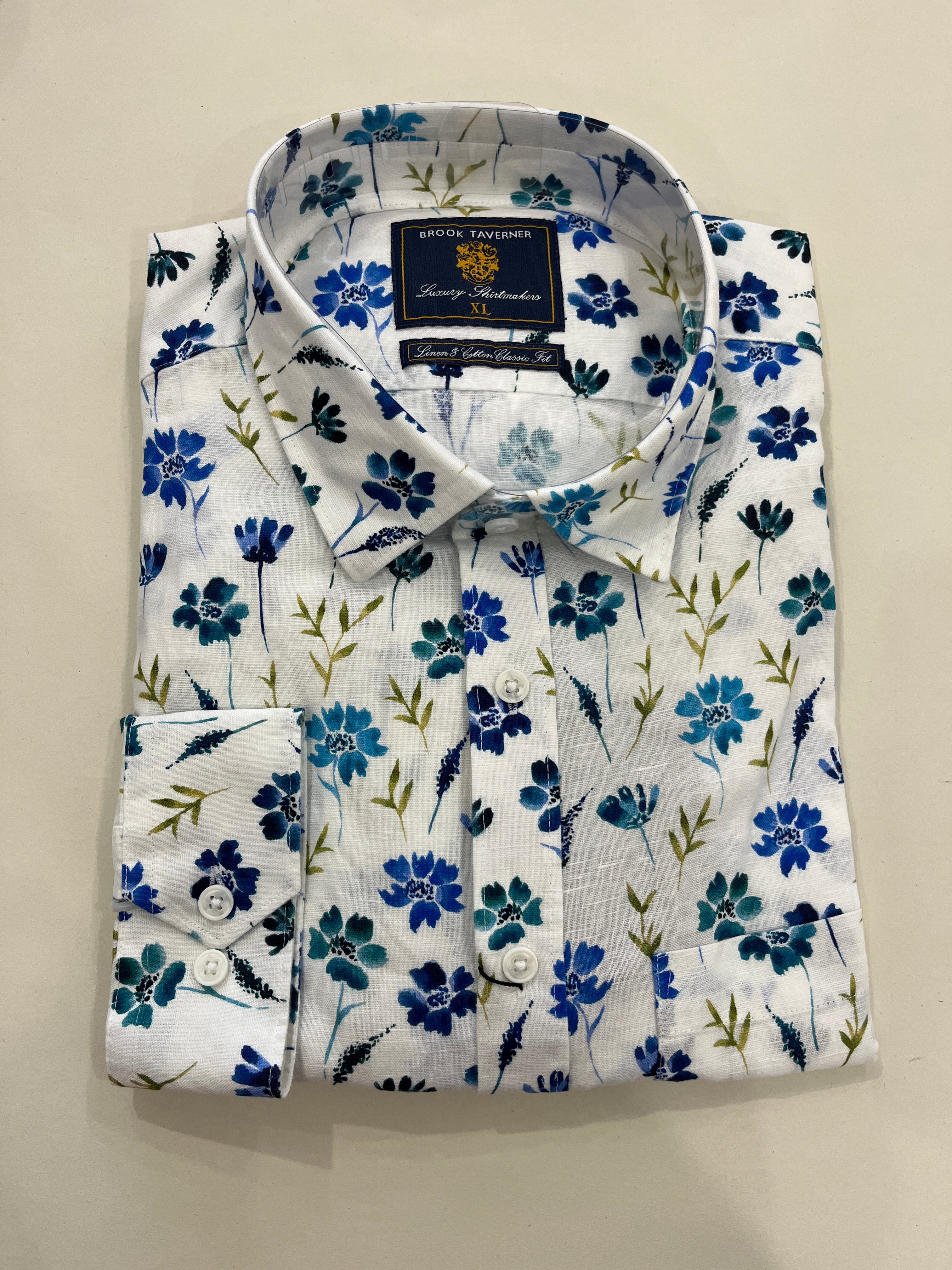 BROOK TAVERNER WHITE SHIRT WITH ALL THE BLUES FLOWER PRINT