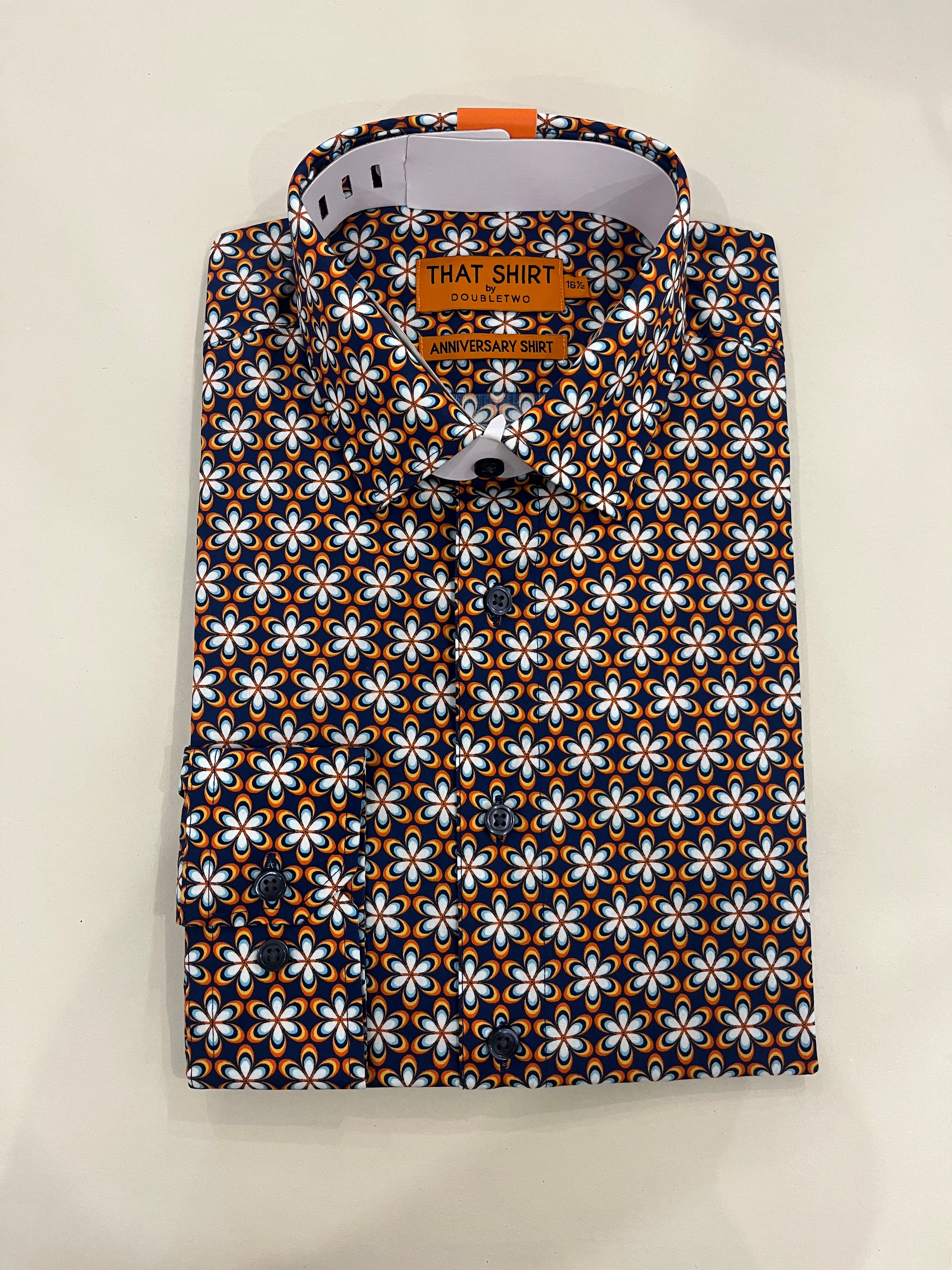 DOUBLE TWO 70S STYLE NAVY & ORANGE FLOWER POWER SHIRT