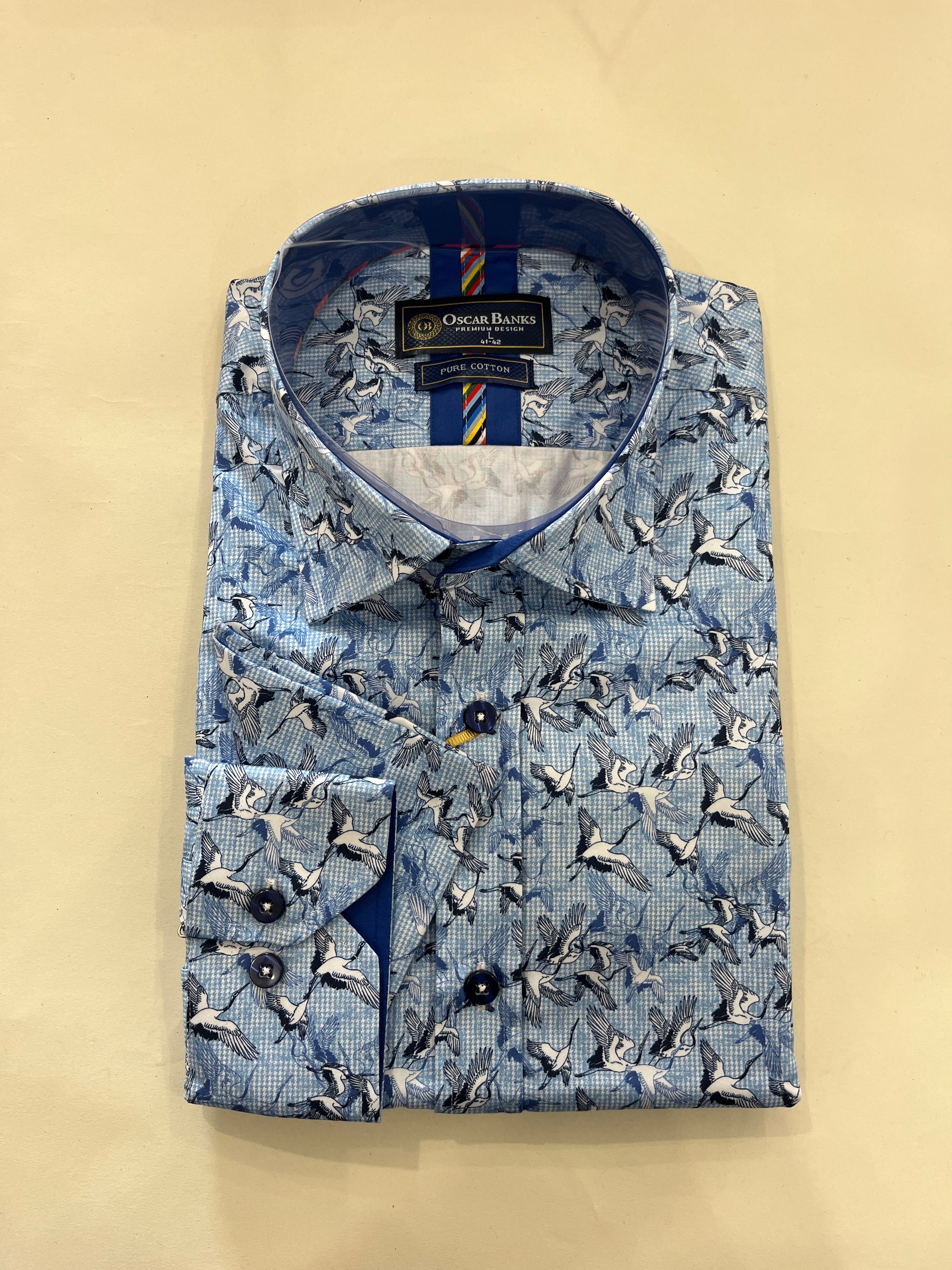 OSCAR BANKS BLUE SHIRT WITH EGRET PRINT