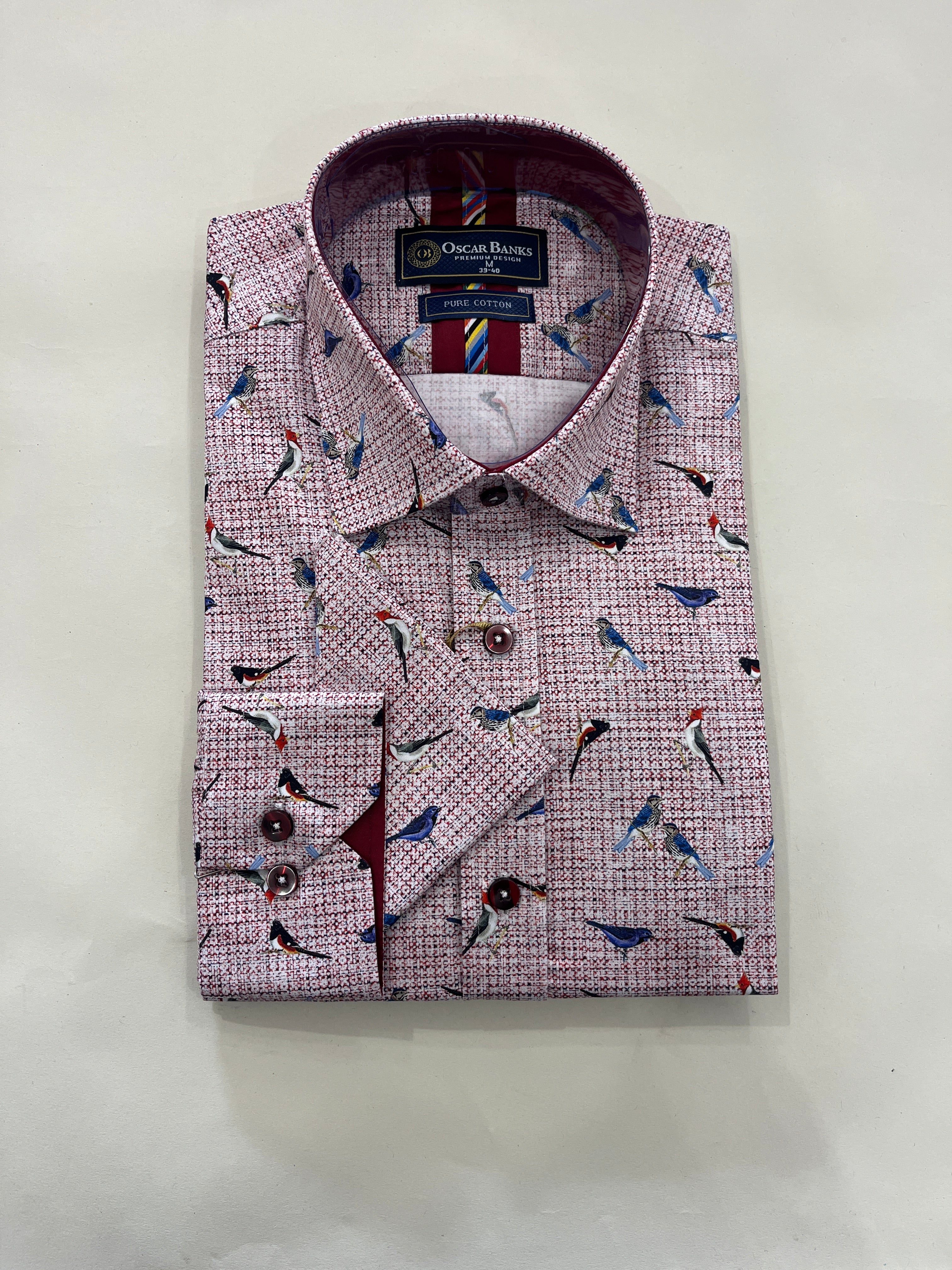 OSCAR BANKS RED AND WHITE SHIRT WITH BIRD PRINT