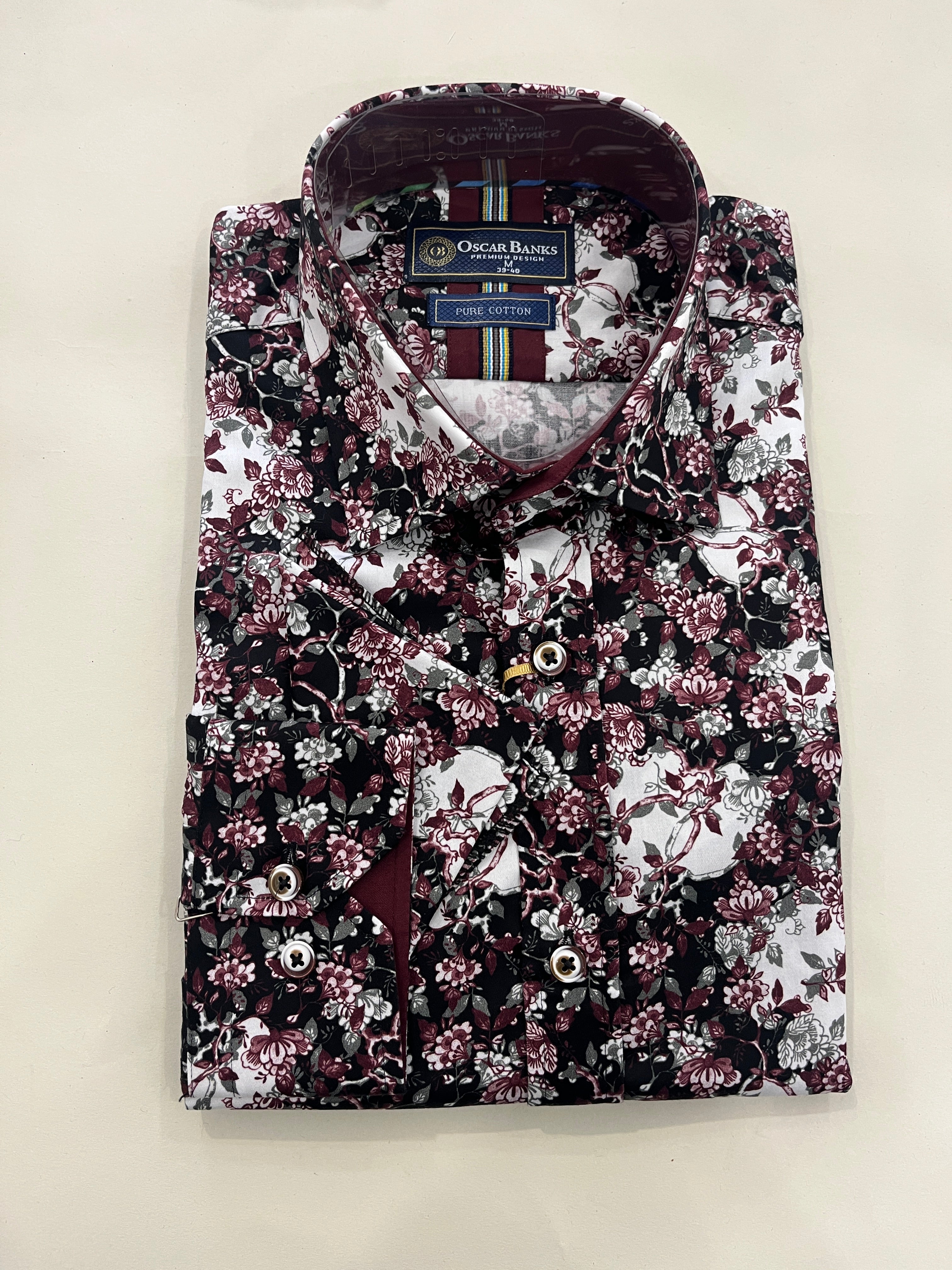 OSCAR BANKS BLACK SHIRT WITH BURGUNDY, GREY AND WHITE PRINT