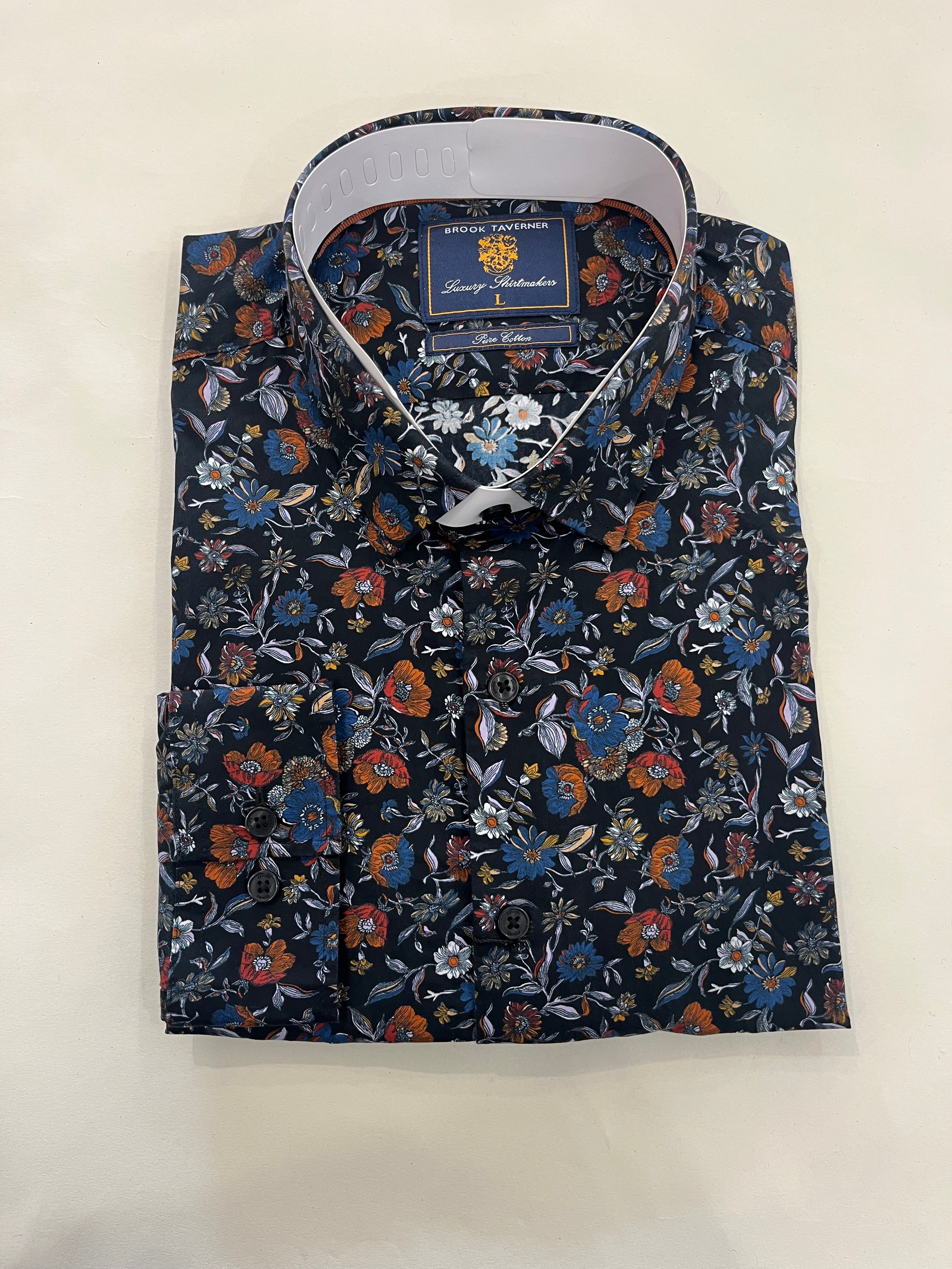 BROOK TAVERNER BLACK SHIRT WITH ORANGE & BLUE FLOWER PRINT