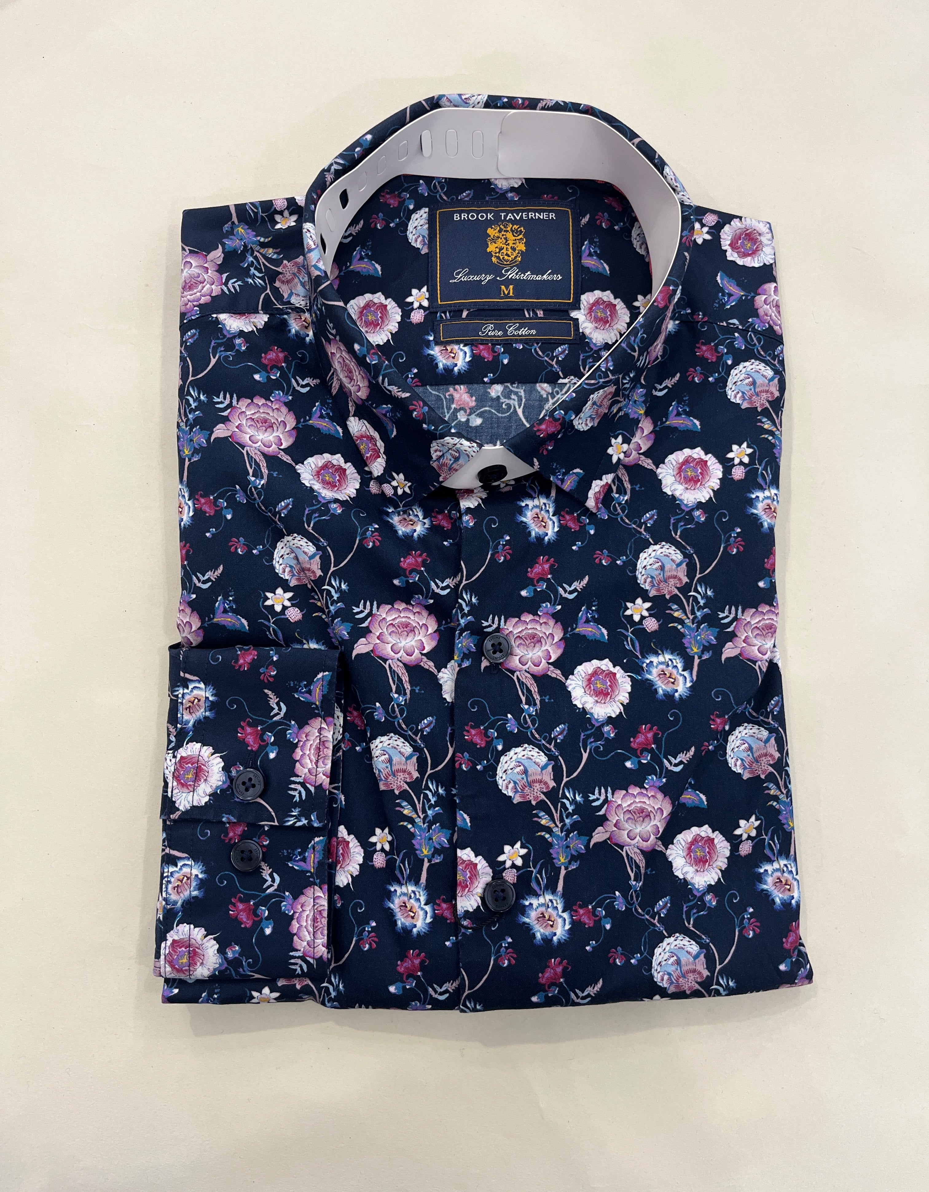 BROOK TAVERNER NAVY SHIRT WITH A PINK FLOWER PRINT