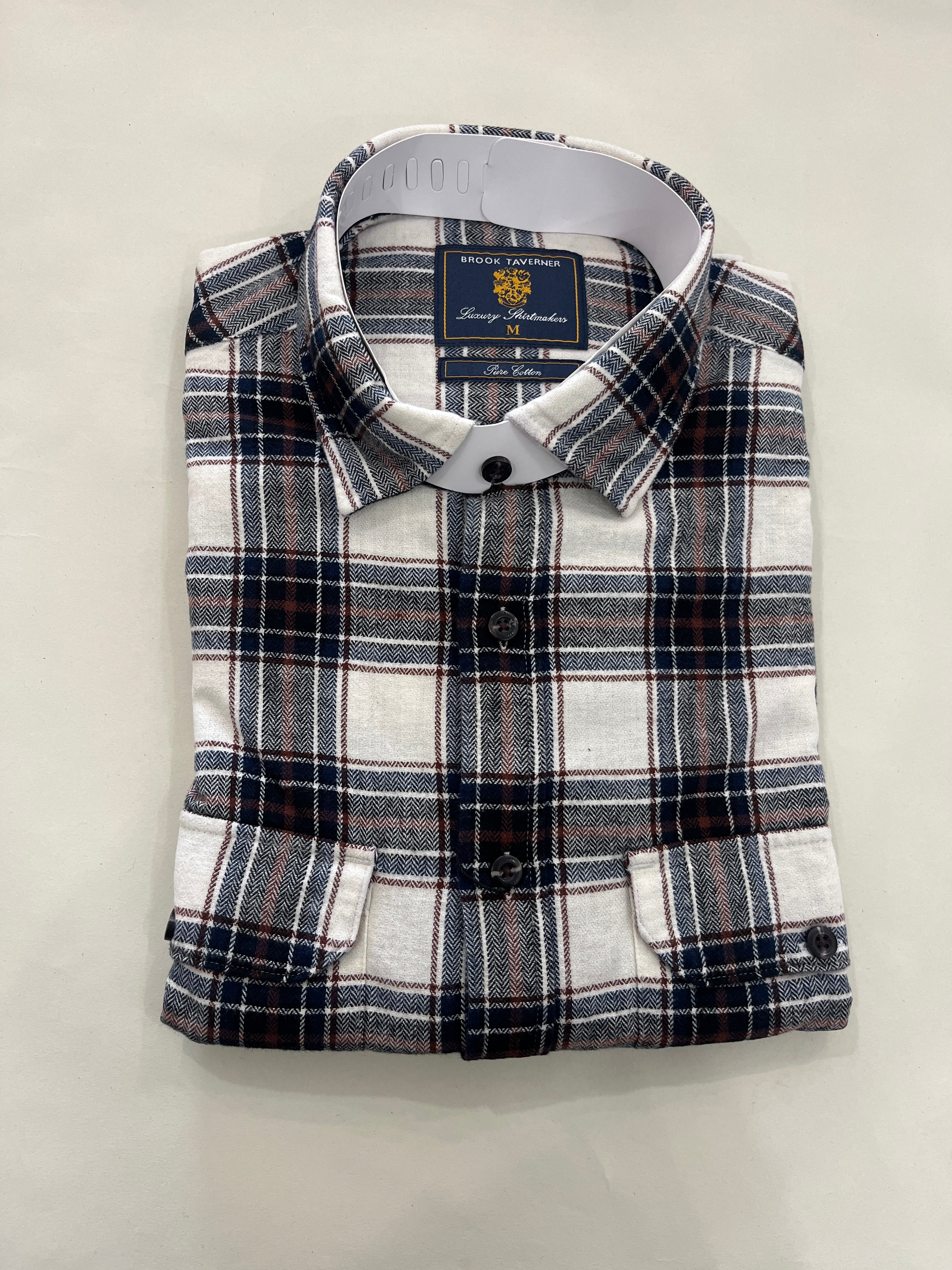 BROOK TAVERNER ECRU CHECK BRUSHED COTTON SHIRT