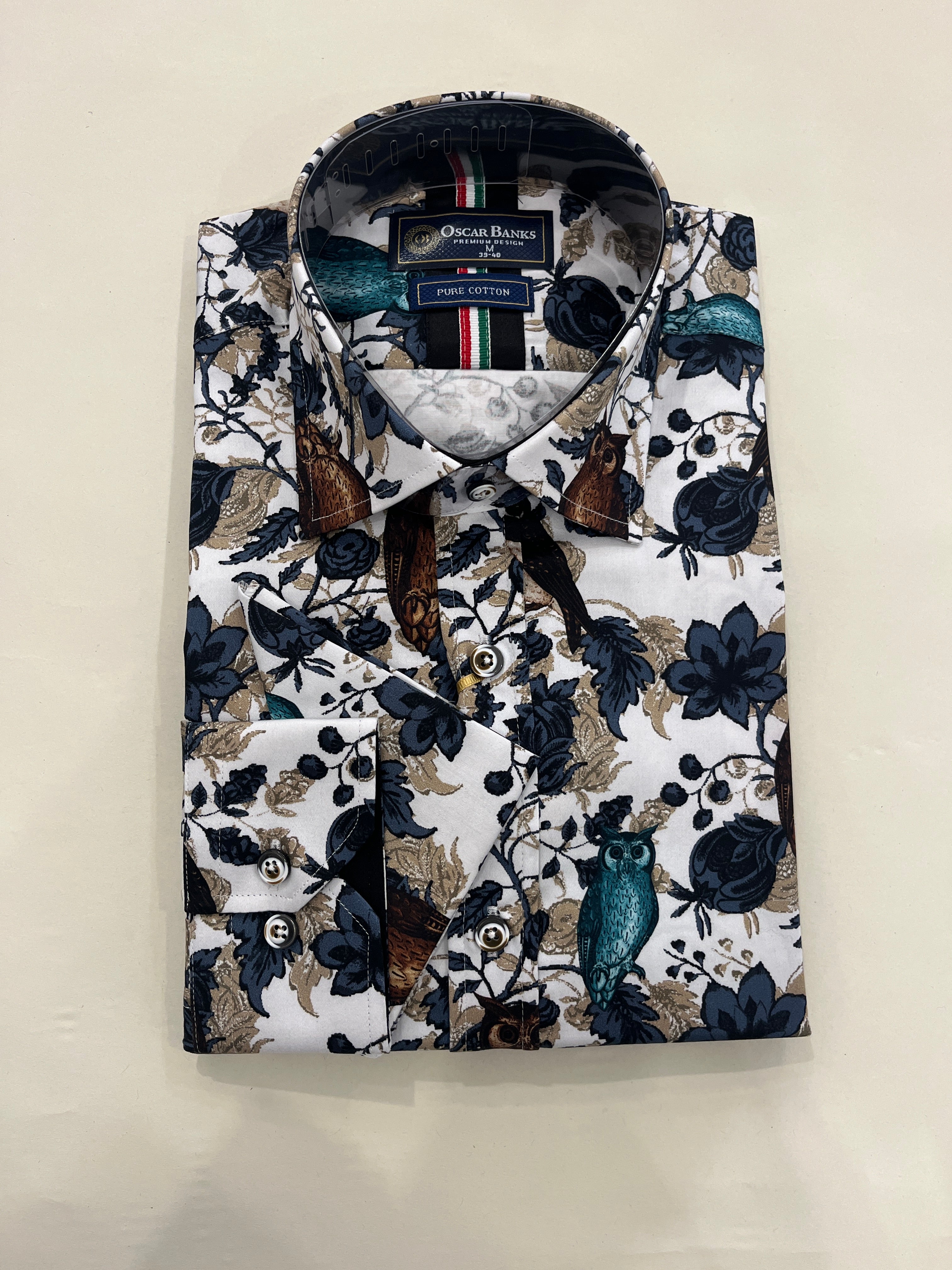 OSCAR BANKS OWL & BLUE AND BROWN LEAF PRINT WHITE SHIRT