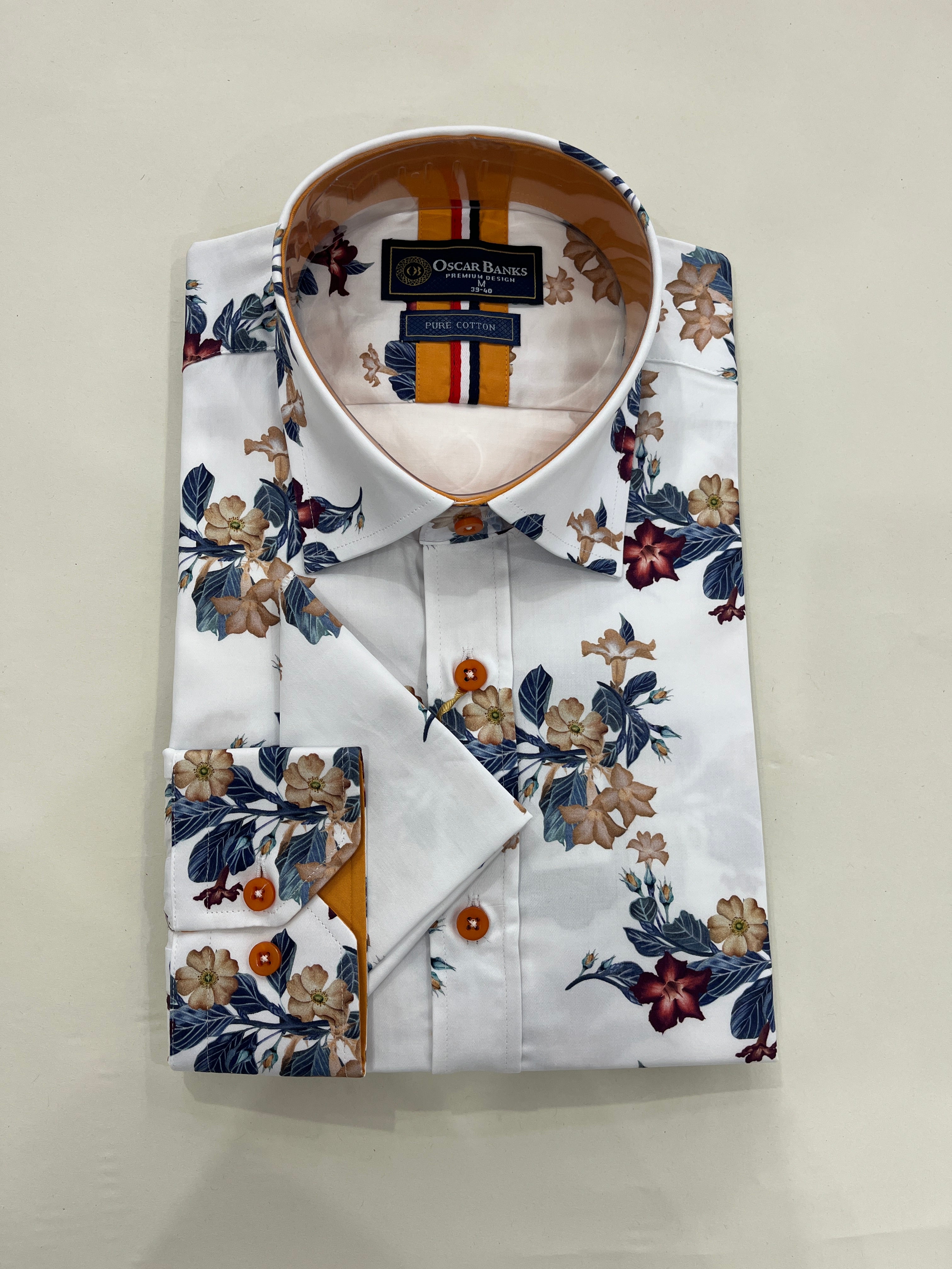 OSCAR BANKS BLUE, BEIGE AND PLUM FLOWER PRINT WHITE SHIRT