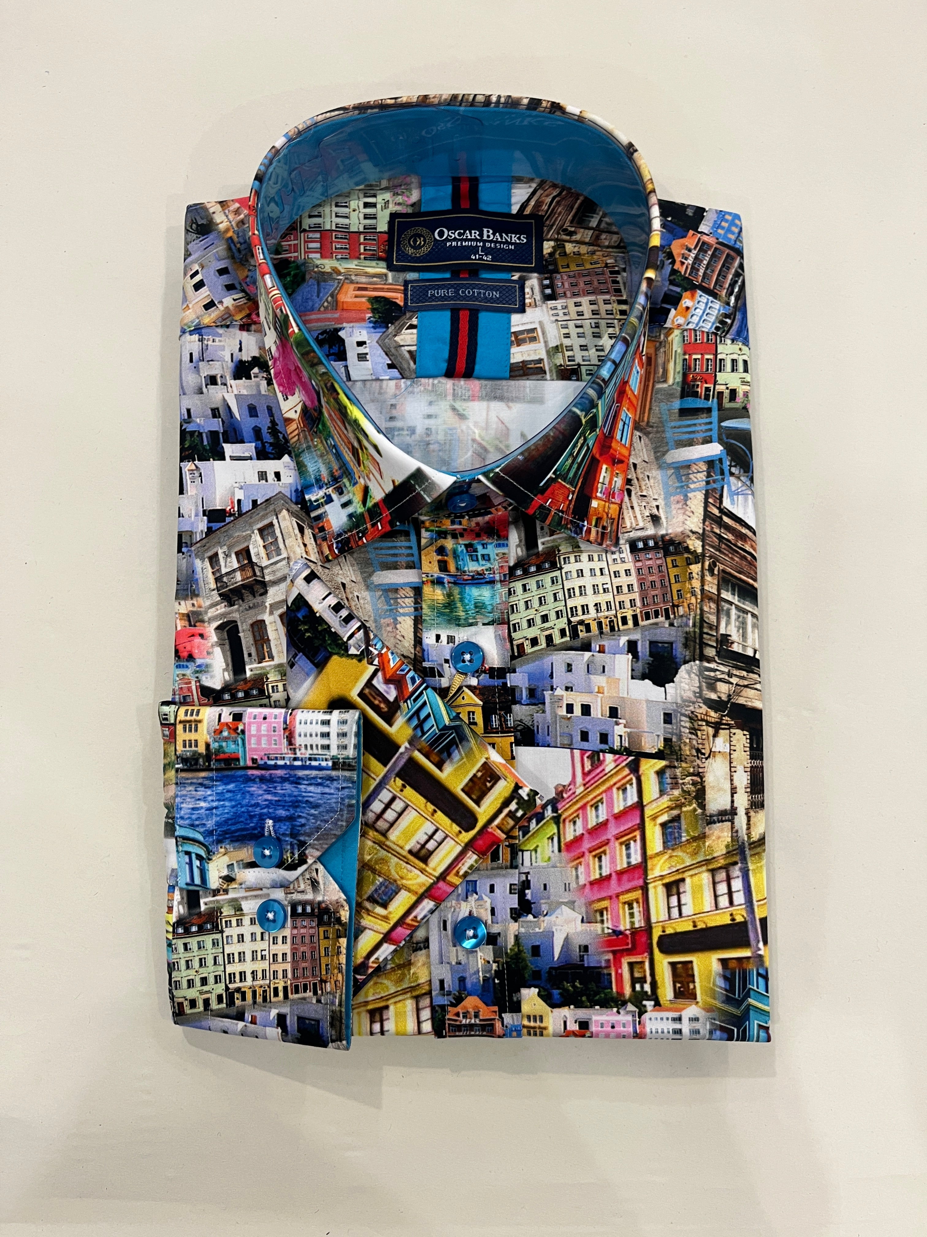 OSCAR BANKS MULTICOLOURED BUILDINGS PRINT SHIRT