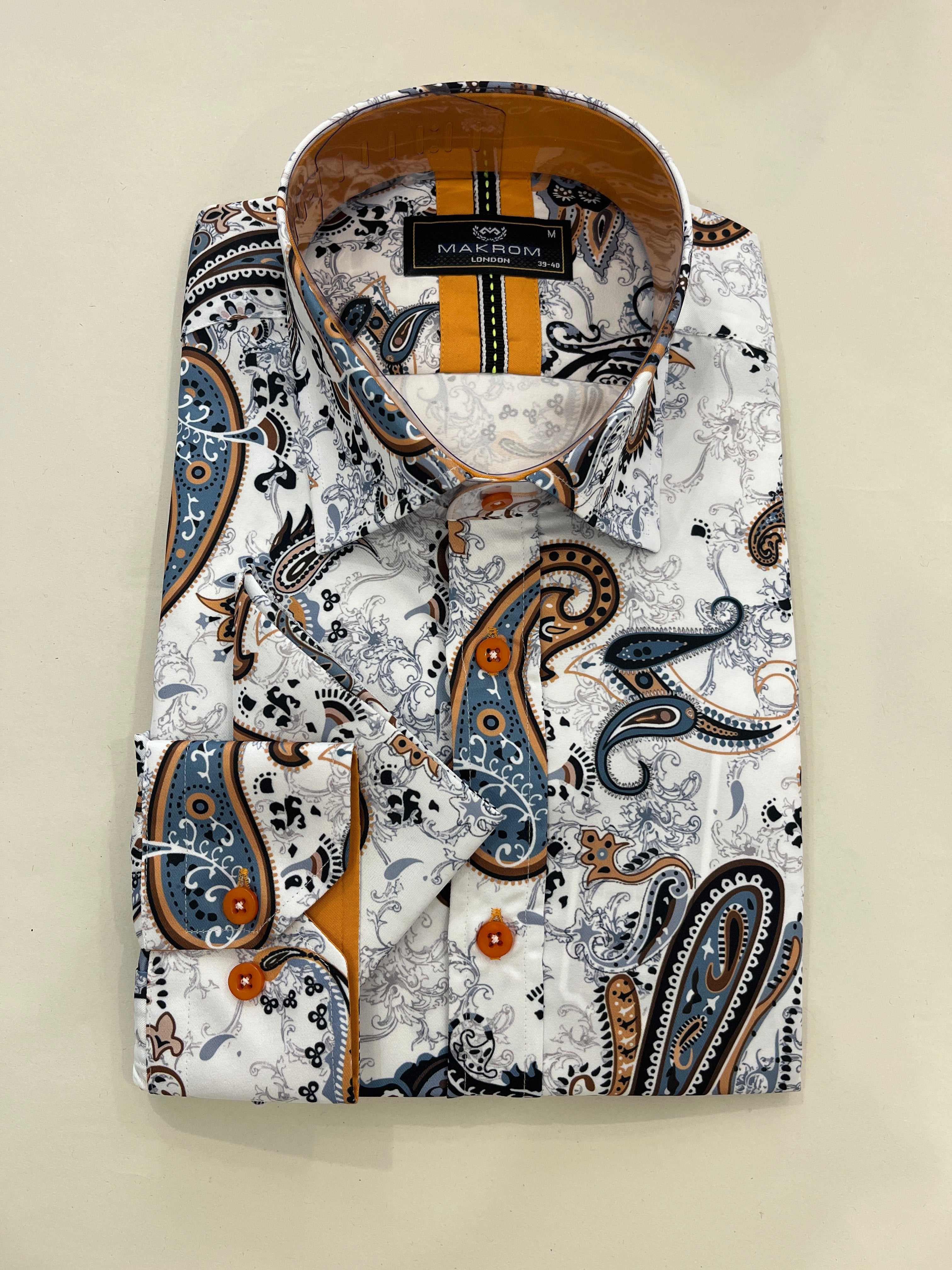 OSCAR BANKS BLUE AND MUSTARD PAISLEY PRINT WHITE SHIRT