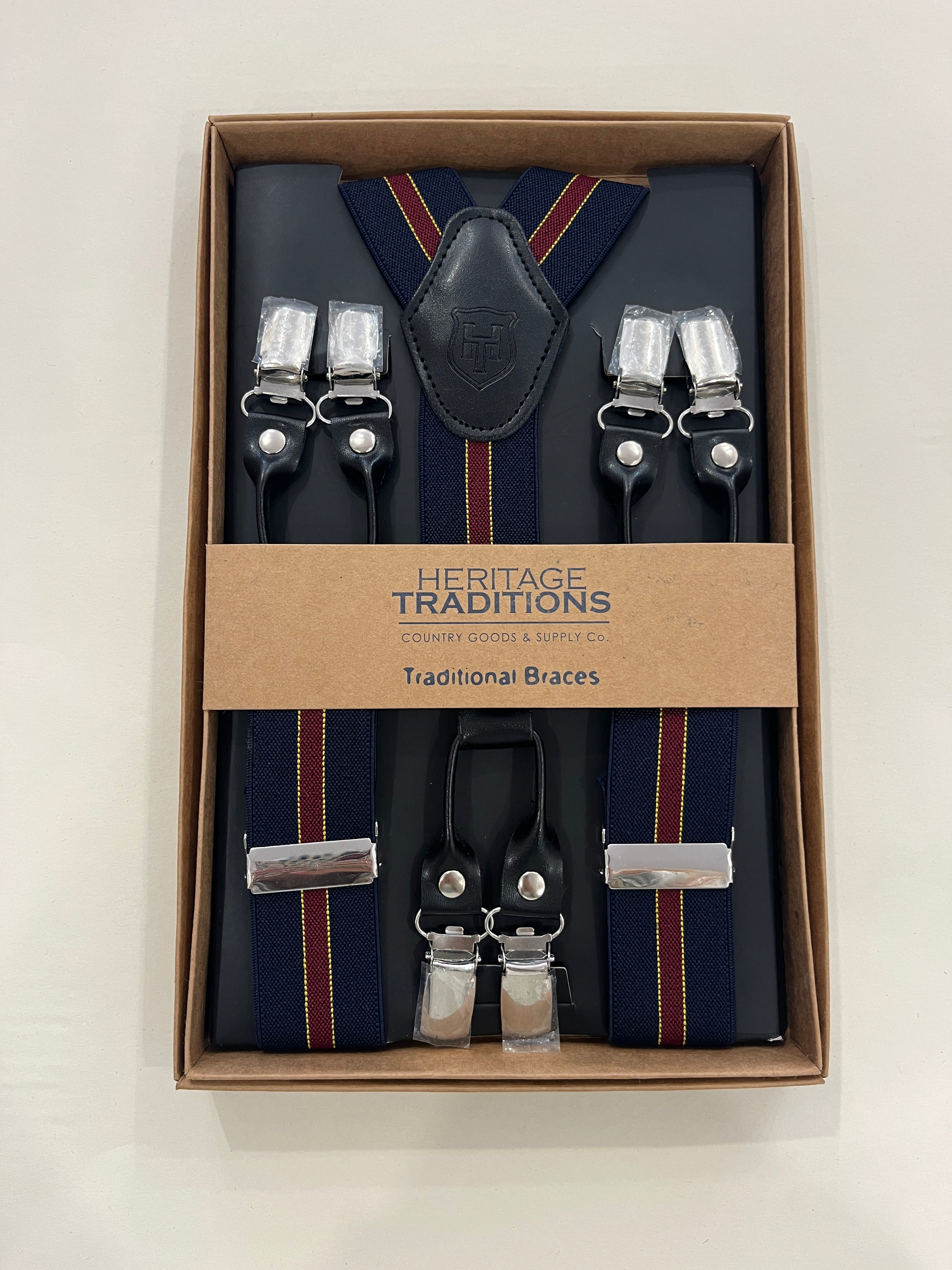 NAVY WITH RED STRIPE BRACES FROM HERITAGE TRADITIONS