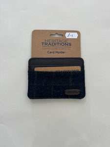 HERITAGE TRADITIONS BLUE & YELLOW CHECK BROWN LEATHER  CARD HOLDER