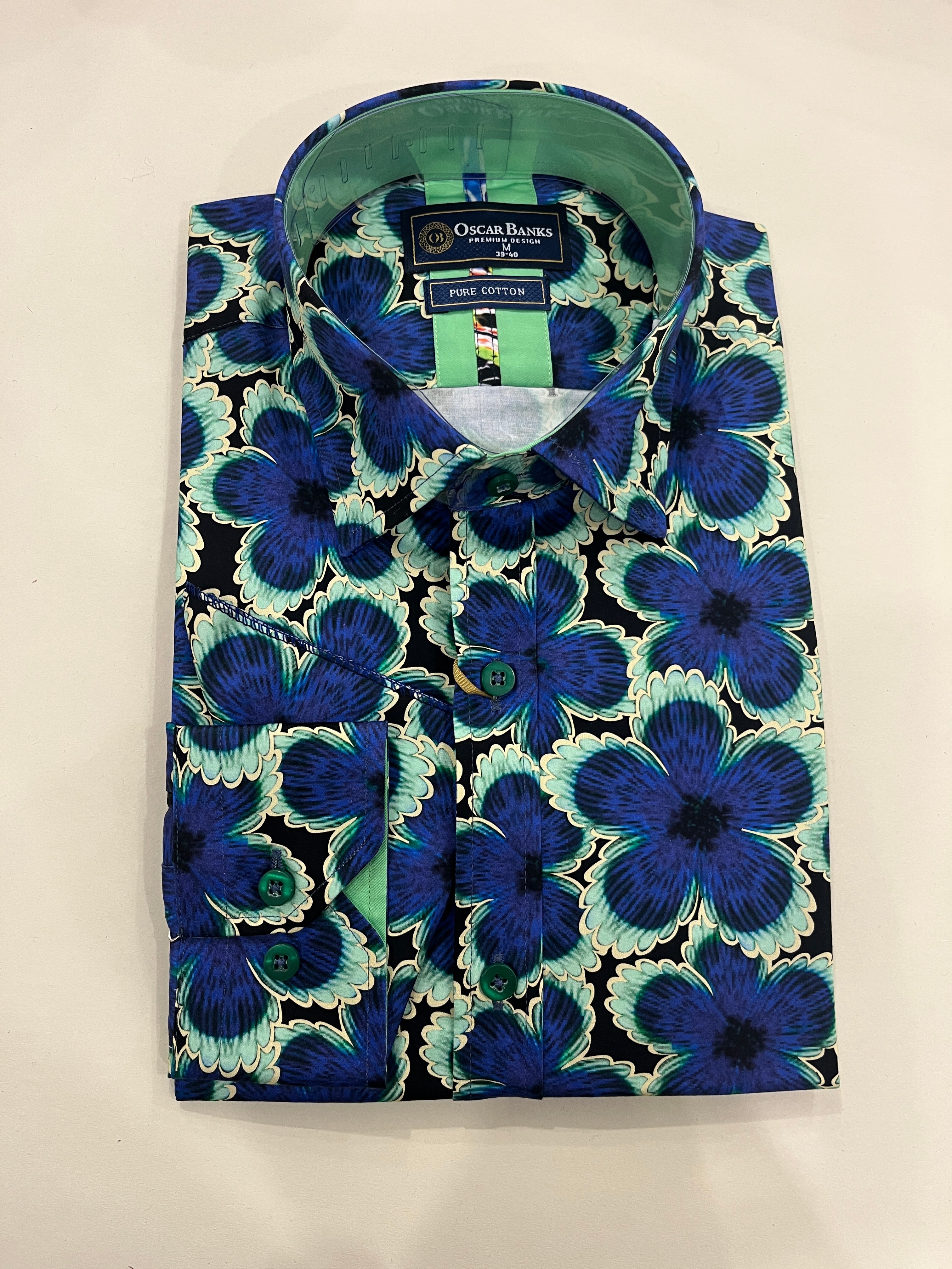 OSCAR BANKS NAVY SHIRT WITH BRIGHT BLUE AND GREEN BIG FLOWER PRINT
