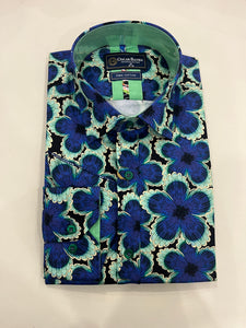 OSCAR BANKS NAVY SHIRT WITH BRIGHT BLUE AND GREEN BIG FLOWER PRINT