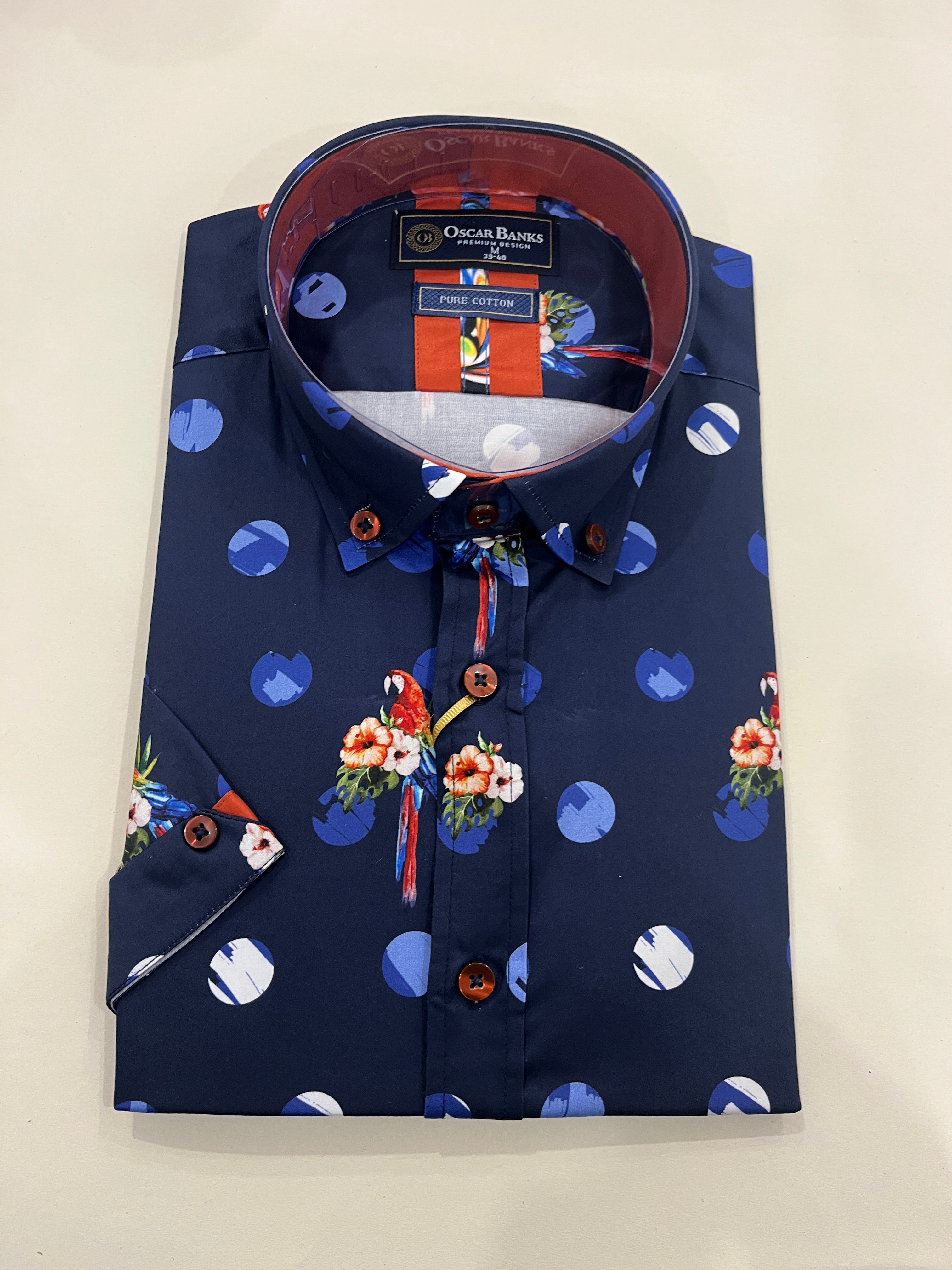 OSCAR BANKS NAVY SHORT SLEEVE SHIRT WITH BLUE AND WHITE CIRCLE PRINT