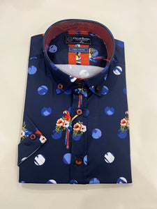 OSCAR BANKS NAVY SHORT SLEEVE SHIRT WITH BLUE AND WHITE CIRCLE PRINT