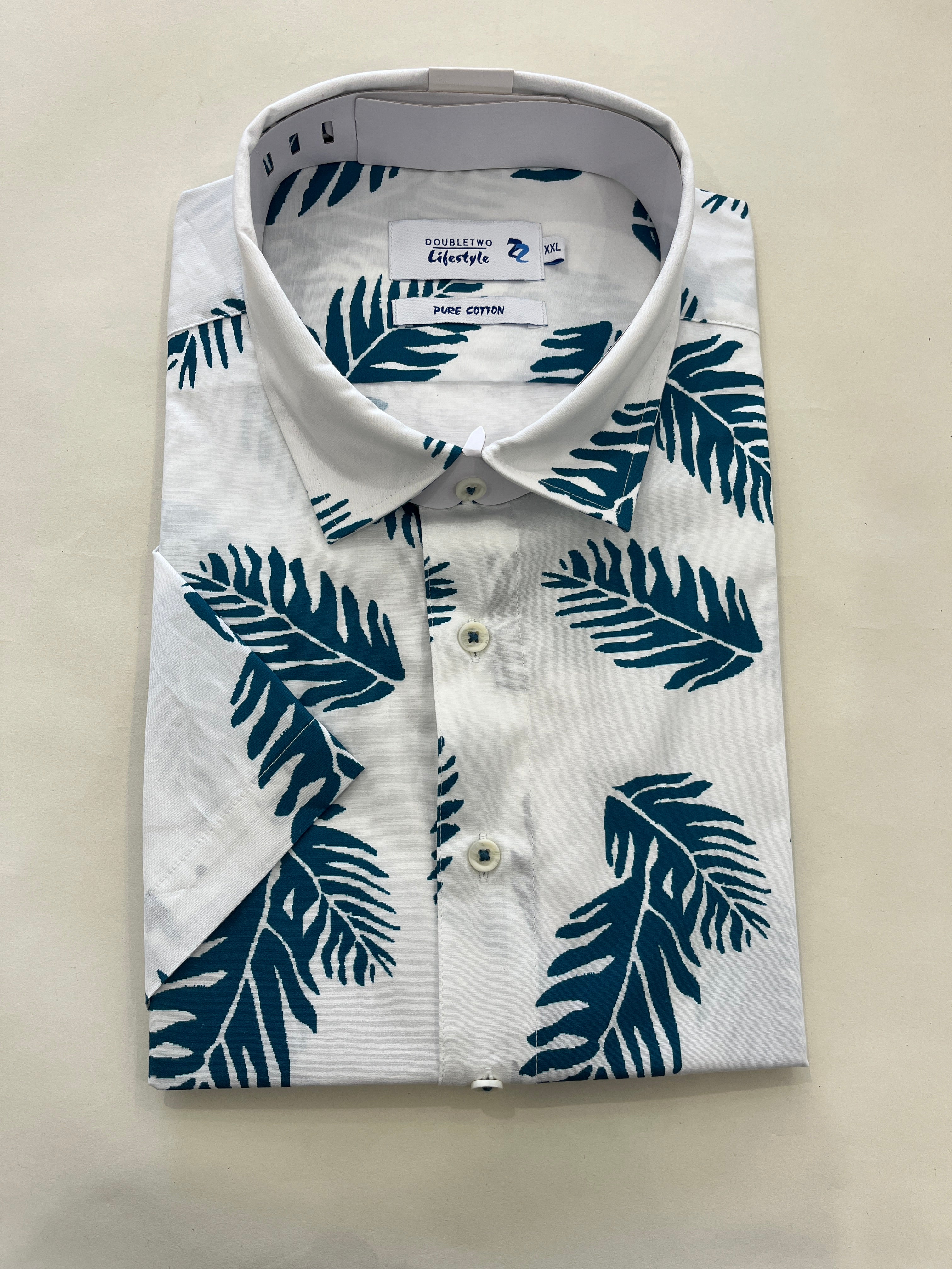 DOUBLE TWO TEAL LEAVES SHORT SLEEVE WHITE SHIRT